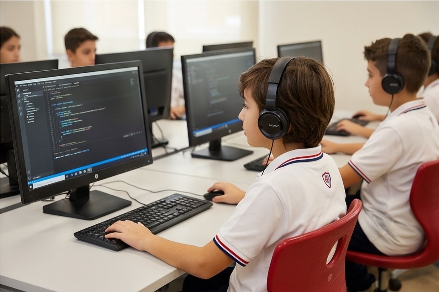 TechZone bilişim sınıfında kulaklıkla kod yazan öğrencilerimiz
