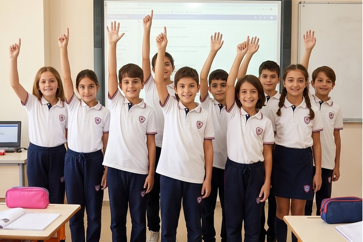 Akıllı tahta önünde söz almak için parmak kaldıran ortaokul öğrencilerimiz